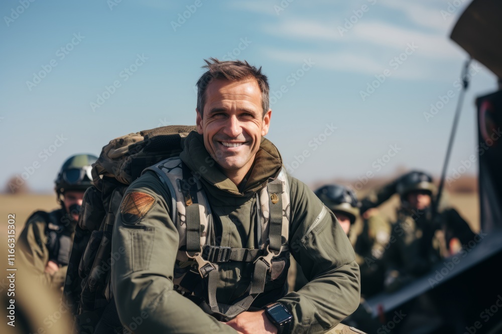 Portrait of a happy soldier standing in front of his vehicle. Portrait of a happy soldier standing in front of his vehicle.