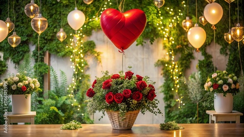 Romantic Table Setting with Red Roses and Heart Balloon
