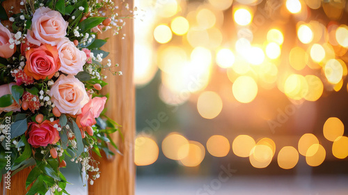 wedding arch adorned with soft pink and peach roses, greenery, and delicate flowers creates romantic atmosphere, illuminated by warm bokeh lights in background