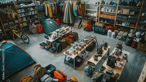 Rental of camping equipment and necessities neatly arranged in one room. photo