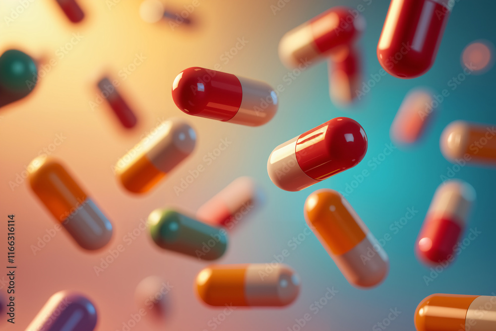 A vibrant array of multicolored capsules floating against a gradient backdrop of blue and orange hues. A vibrant array of multicolored capsules floating against a gradient backdrop of blue and orange hues.