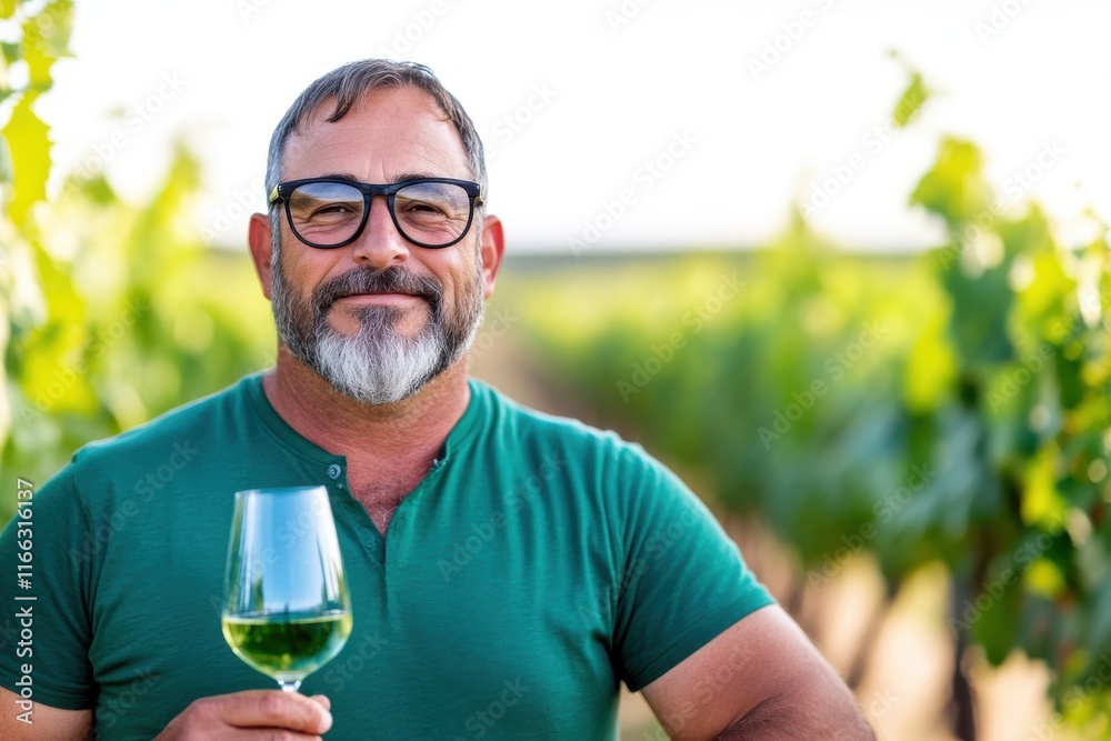 Discovering flavors in the vineyard where a joyful man enjoys a glass of white wine among the lush grapevines on a sunny day Discovering flavors in the vineyard where a joyful man enjoys a glass of white wine among the lush grapevines on a sunny day
