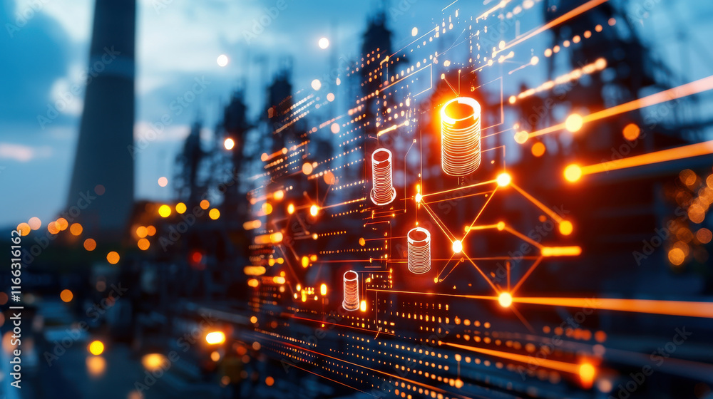 Obraz premium Advanced analytics tool showcasing data visualization with glowing elements, representing financial insights and technology in industrial setting