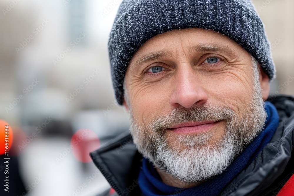 Smiling man in winter attire enjoys a brisk day in the city while capturing joyful moments with friends Smiling man in winter attire enjoys a brisk day in the city while capturing joyful moments with friends