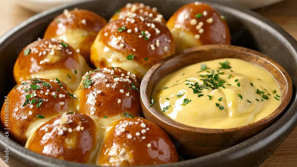 Soft pretzel bites served with a creamy dipping sauce in a rustic bowl.