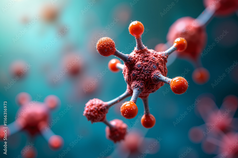 A microscopic view of spherical, red virus particles with orange protrusions, set against a teal background. A microscopic view of spherical, red virus particles with orange protrusions, set against a teal background.