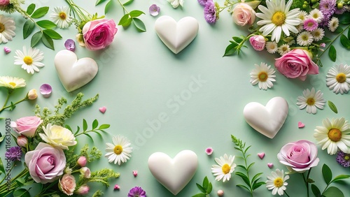 Floral Heart Arrangement Pastel Roses, Daisies, and White Hearts on a Mint Background