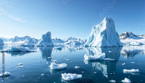  A majestic view of the Antarctic Peninsula with towering icebergs floating in pristine blue waters.  Snow-covered mountains in the background under a clear blue sky.  Remote and serene atmosphere.