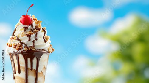 Decadent ice cream sundae topped with whipped cream, cherry, and nuts against bright blue sky. delightful treat for warm days