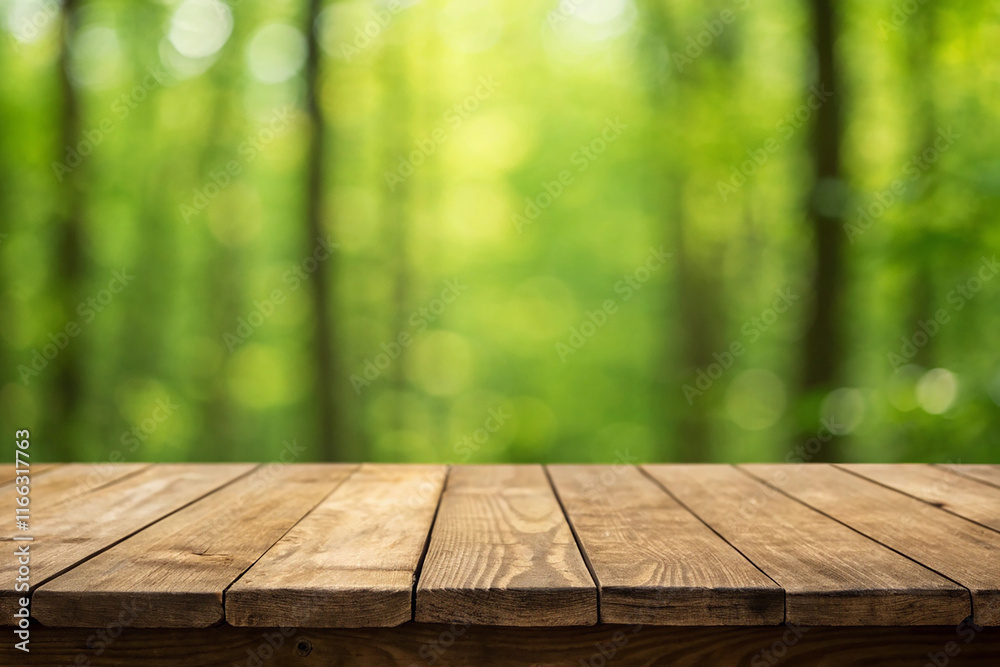 Wood table top on blurred green nature abstract background - can montage or display your products above Wood table top on blurred green nature abstract background - can montage or display your products above