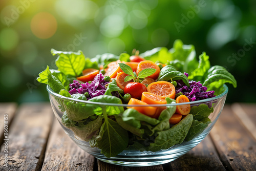 A vibrant salad in a glass bowl sits on a wooden table outdoors. The salad contains leafy greens, sliced carrots, cherry tomatoes, and purple cabbage, garnished with a sprig of mint.