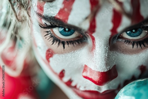 Intriguing clown face paint reveals a captivating gaze with a splash of color at a vibrant festival night photo