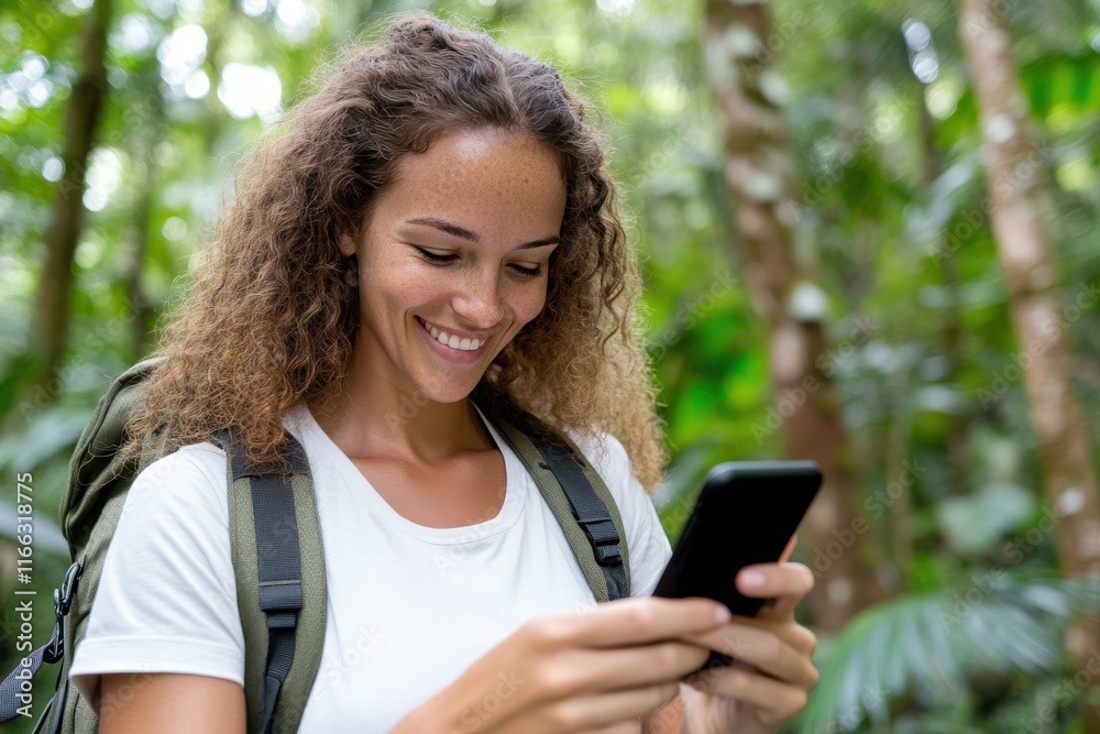 Exploring the jungle trails while capturing nature's beauty on a smartphone in lush greenery Exploring the jungle trails while capturing nature's beauty on a smartphone in lush greenery