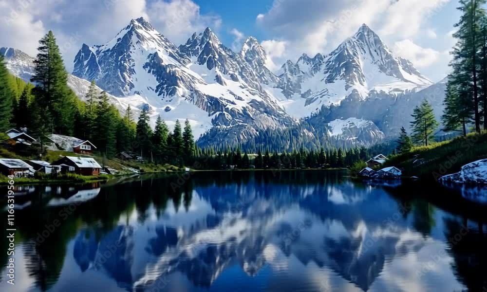 Serene mountain lake reflecting snow-capped peaks under a bright sky. Serene mountain lake reflecting snow-capped peaks under a bright sky.