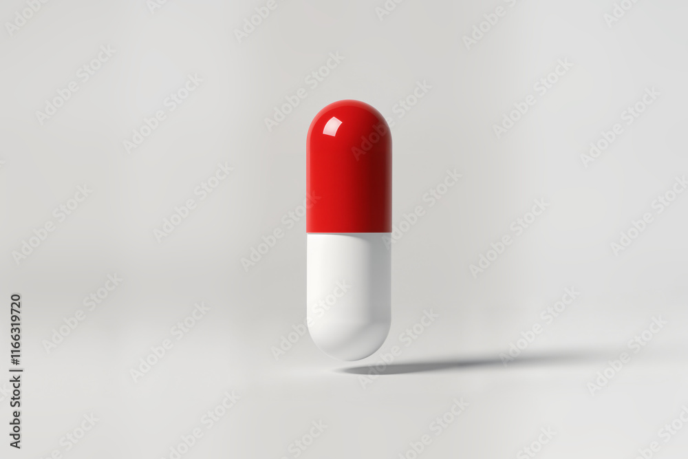A single red and white capsule stands upright against a plain white background, casting a subtle shadow. A single red and white capsule stands upright against a plain white background, casting a subtle shadow.