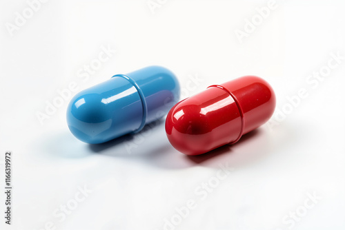 A blue and a red capsule pill are placed side by side on a white background. The pills appear to be identical in size and shape, with a smooth, glossy surface. photo