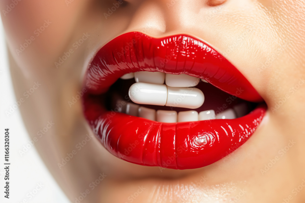 Obraz premium A close-up of glossy red lips holding two white pills between the teeth.