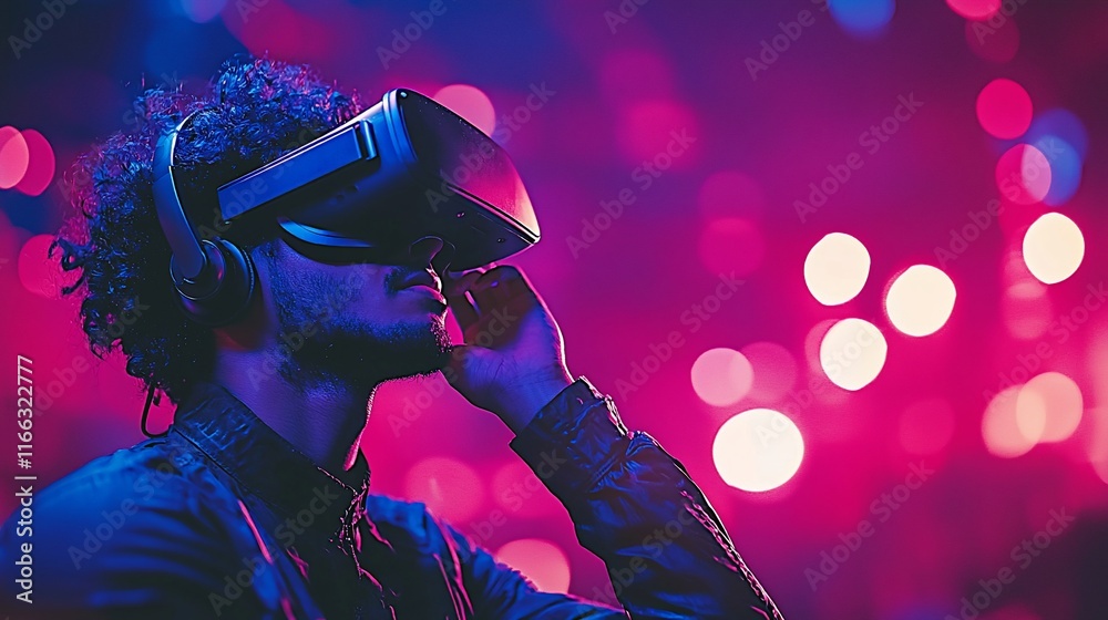 Man using VR headset in vibrant neon light. Man using VR headset in vibrant neon light.