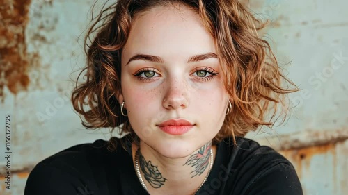 A bold young woman flaunts her vibrant tattoos, exuding confidence against a raw, industrial scenery.