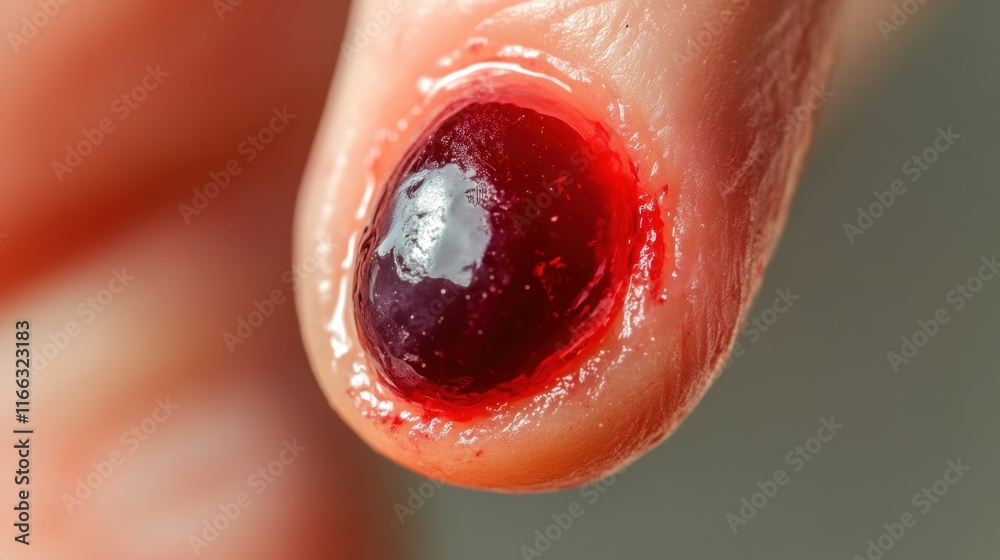 Fototapeta premium Close-up of a finger with a blood-filled injury.