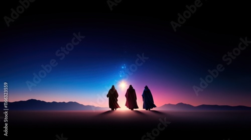 Three figures silhouetted against a colorful sunset landscape.
