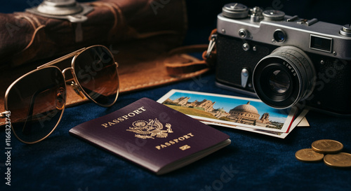 Passport with travel essentials including sunglasses camera and vintage postcards photo