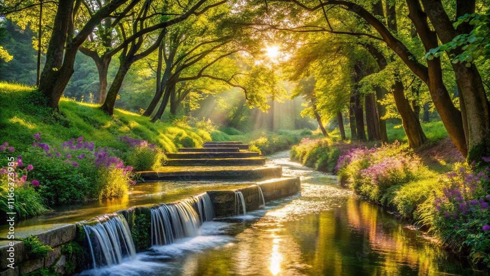 Obraz premium Serene Waterfall Cascading Through a Sunlit Forest Stream