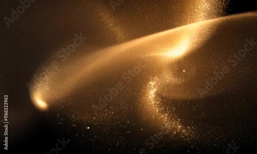 A cosmic scene depicting a swirling galaxy of stars and dust in a dark space backdrop.