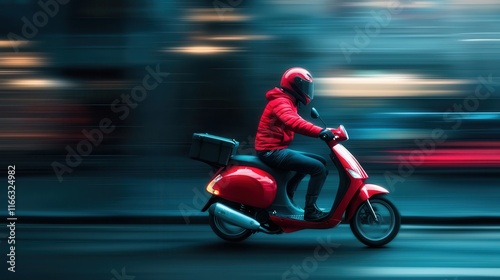 Fast delivery rider on a red scooter in urban setting