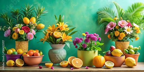 Vibrant Floral Arrangements and Fresh Citrus Fruits in Colorful Vases and Bowls on Wooden Surface