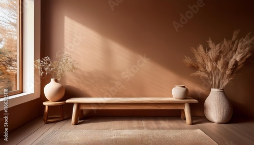 Empty Brown Wall Mockup in Boho Room Interior with Wooden Bench and Porcelain Vase. Natural Daylight From a Window. Promotion Background.