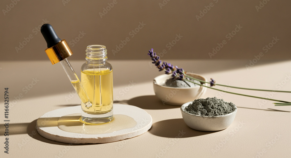 Essential oil bottle with lavender and green clay in elegant setting Essential oil bottle with lavender and green clay in elegant setting