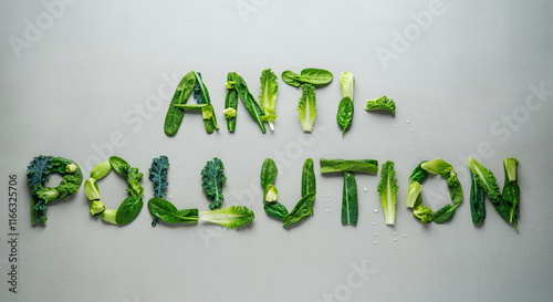 Vegetables forming anti pollution letters on gray background showcasing healthy green vegetables photo