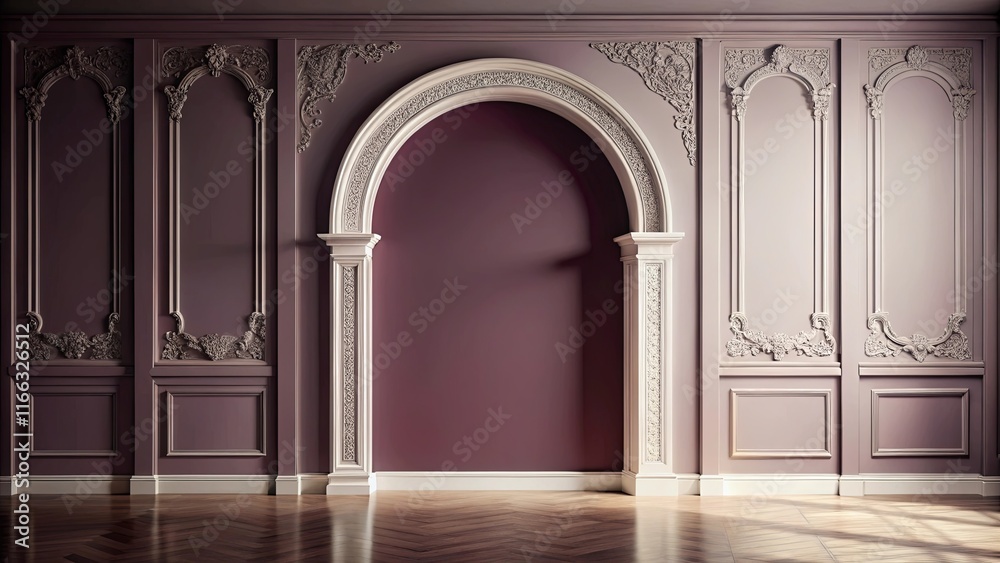 Elegant interior design with ornate arched alcove and mauve walls Elegant interior design with ornate arched alcove and mauve walls