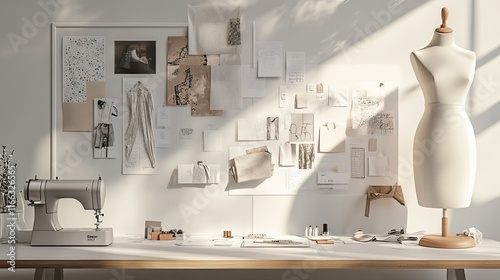 An elegant fashion workspace featuring mood boards, minimalist decor, and a mannequin next to a sewing machine.