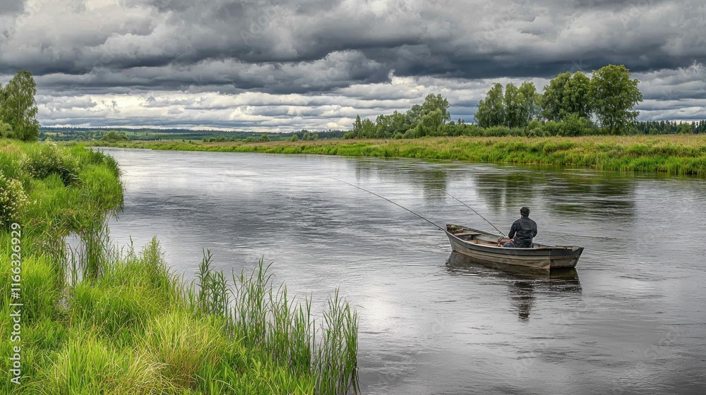 A lone fisherman in a boat on a tranquil river under cloudy skies. A lone fisherman in a boat on a tranquil river under cloudy skies.