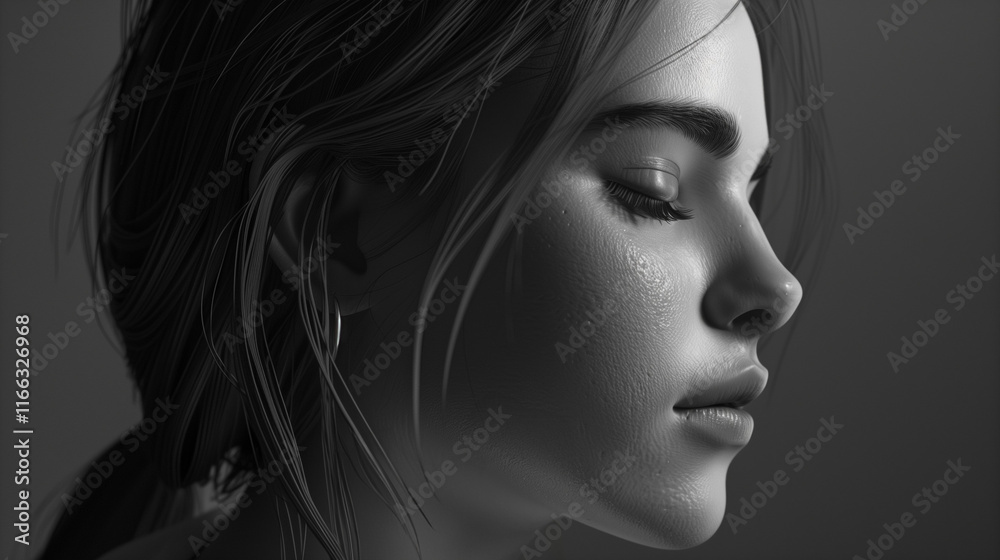 A Stunning Black and White Portrait Illustration of a Woman with Textured Skin and Closed Eyes A Stunning Black and White Portrait Illustration of a Woman with Textured Skin and Closed Eyes