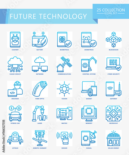 Future Technology gradient icons set. contain bot, blockchain, fiber, clout, chatbot, chip and more. Vector EPS 10 for print, digital UI, UX kit, web and app development for technology, education.