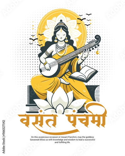 Happy Vasant Panchami with goddess Saraswati social media post template banner

