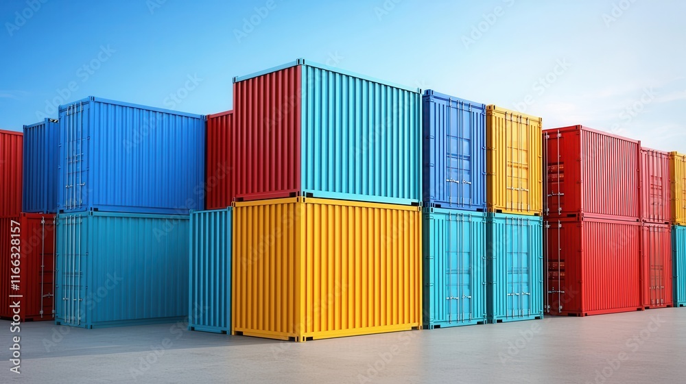 Fototapeta premium Colorful shipping containers stacked at a logistics facility