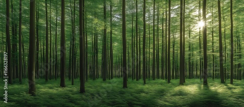 Sunlit Green Forest: Serene Canopy of Trees and Lush Undergrowth photo