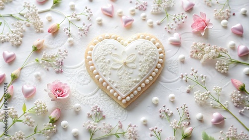 Elegant heart-shaped cookie decorated with delicate white icing and pearls, surrounded by pink flowers and small decorative hearts