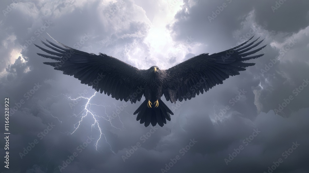 Obraz premium Thunderous Freedom: Majestic Eagle Soaring through Stormy Skies in Heavy Metal Band Style - Ultra-Detailed 3D Render Digital Artwork