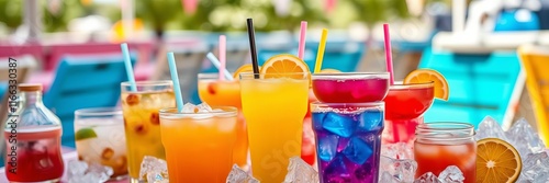 Obraz  z motywem A selection of colorful summer drinks filled with ice cubes and garnished with fresh fruits, ideal for outdoor gatherings and warm days, cold, drinks