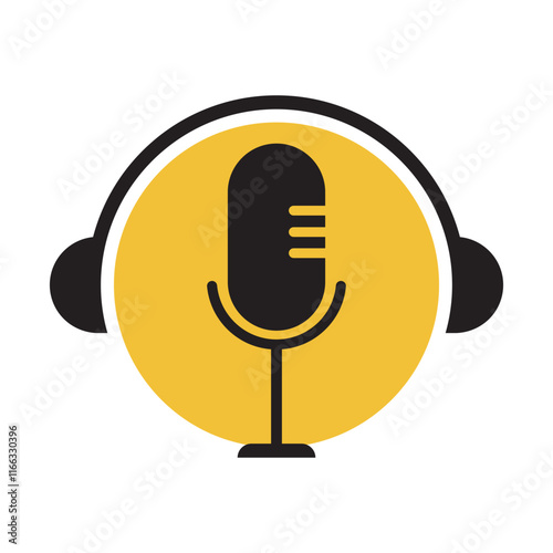 podcast logo with microphone and earphone audio, radio waves. for studio, talk show, chat, information sharing, interview, multimedia.