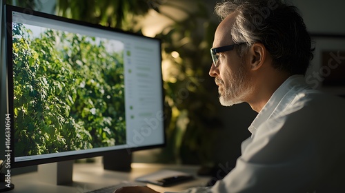 A man in glasses sits at a desk, focused on a computer screen displaying lush greenery. He appears to be working on a project related to nature, agriculture, or environmental science. photo