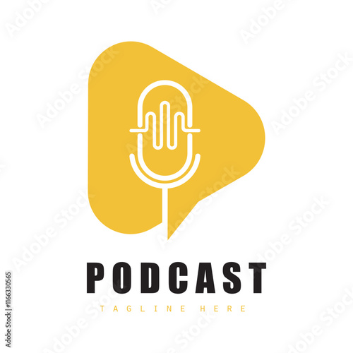podcast logo with microphone and earphone audio, radio waves. for studio, talk show, chat, information sharing, interview, multimedia.