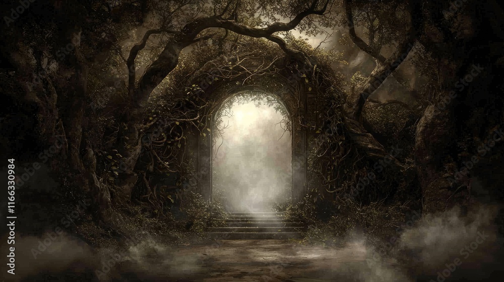 Dark Mystical Temple: Eerie 3D Render of Ancient Structure Enveloped in Vines and Darkness with Intriguing Light Source Dark Mystical Temple: Eerie 3D Render of Ancient Structure Enveloped in Vines and Darkness with Intriguing Light Source