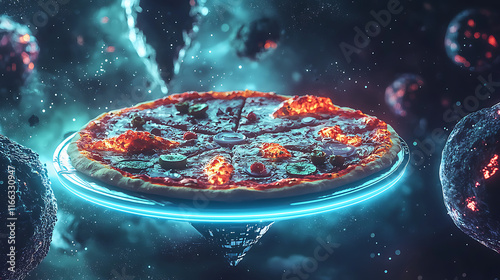 A pizza is floating in space with a blue background photo