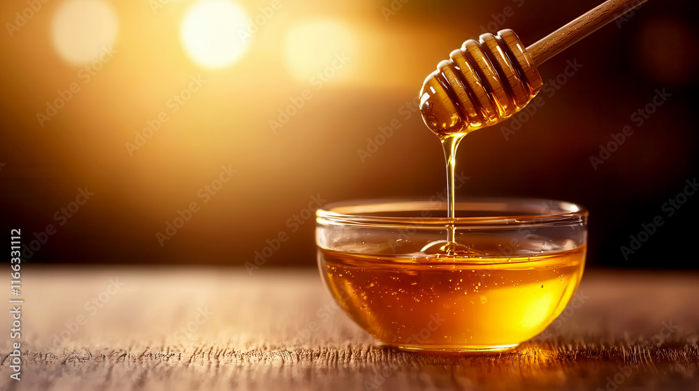 Golden honey drizzling from a wooden dipper into a bowl Golden honey drizzling from a wooden dipper into a bowl